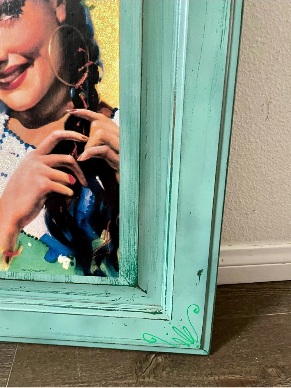 Turquoise Distressed Wood Picture Frame with Portrait Artwork